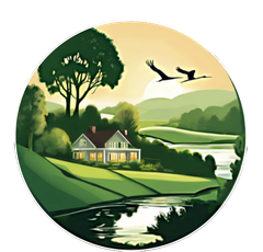 Circular illustration of a lakeside house at sunset with trees, hills, and birds in a green landscape