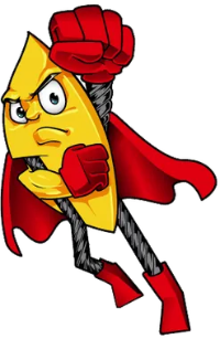 A cartoon character is wearing a cape and holding a rope.
