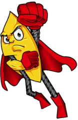 A Ropinator cartoon character is wearing a cape and holding a rope.