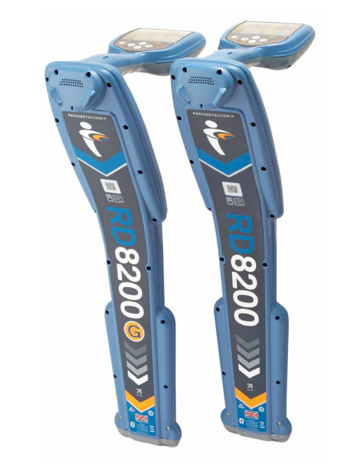 Two blue handheld metal detectors standing upright on a white background