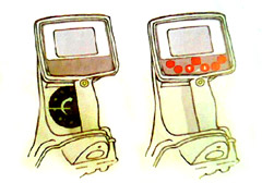 Two side-view drawings of a handheld device, one black and one red with buttons.