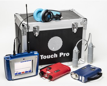 Touch Pro testing kit in a black case with blue, red, and blue handheld devices and sensors