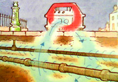 Red train crossing a bridge over water, with steam and railings in the foreground.