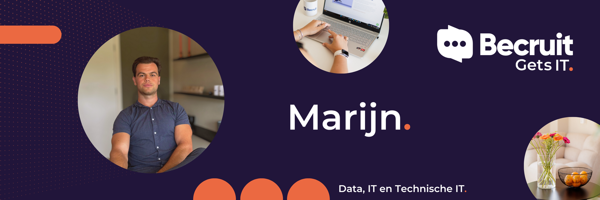 Marijn. Man in circle, office setting. Logo