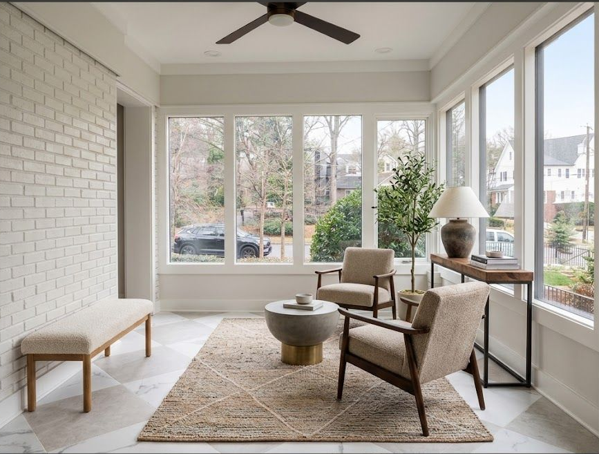 Sunroom with white brick wall, two armchairs, a bench, a round coffee table, and large windows with a neighborhood view.