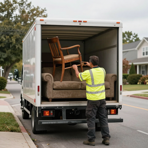 Junk removal worker in Markham loading old couch and dresser onto truck for furniture removal service