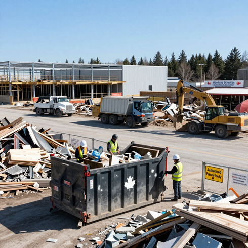 Junk removal crew working on a commercial construction site, loading debris and junk