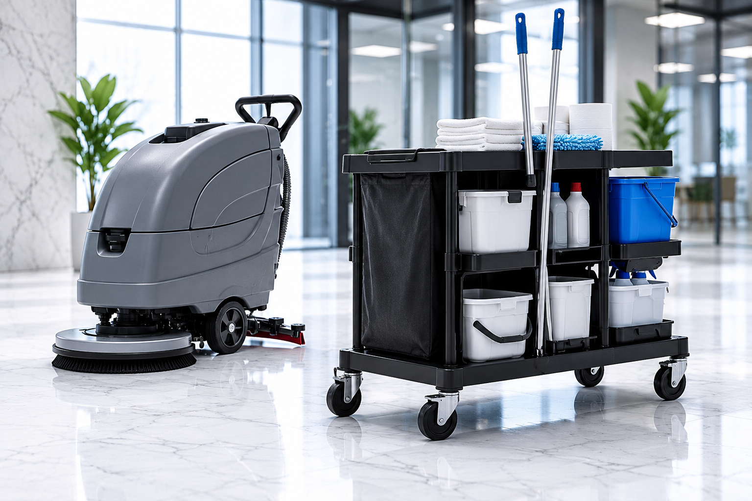 Carrello per le pulizie con i relativi accessori accanto a una lavasciuga pavimenti grigia in una stanza luminosa.