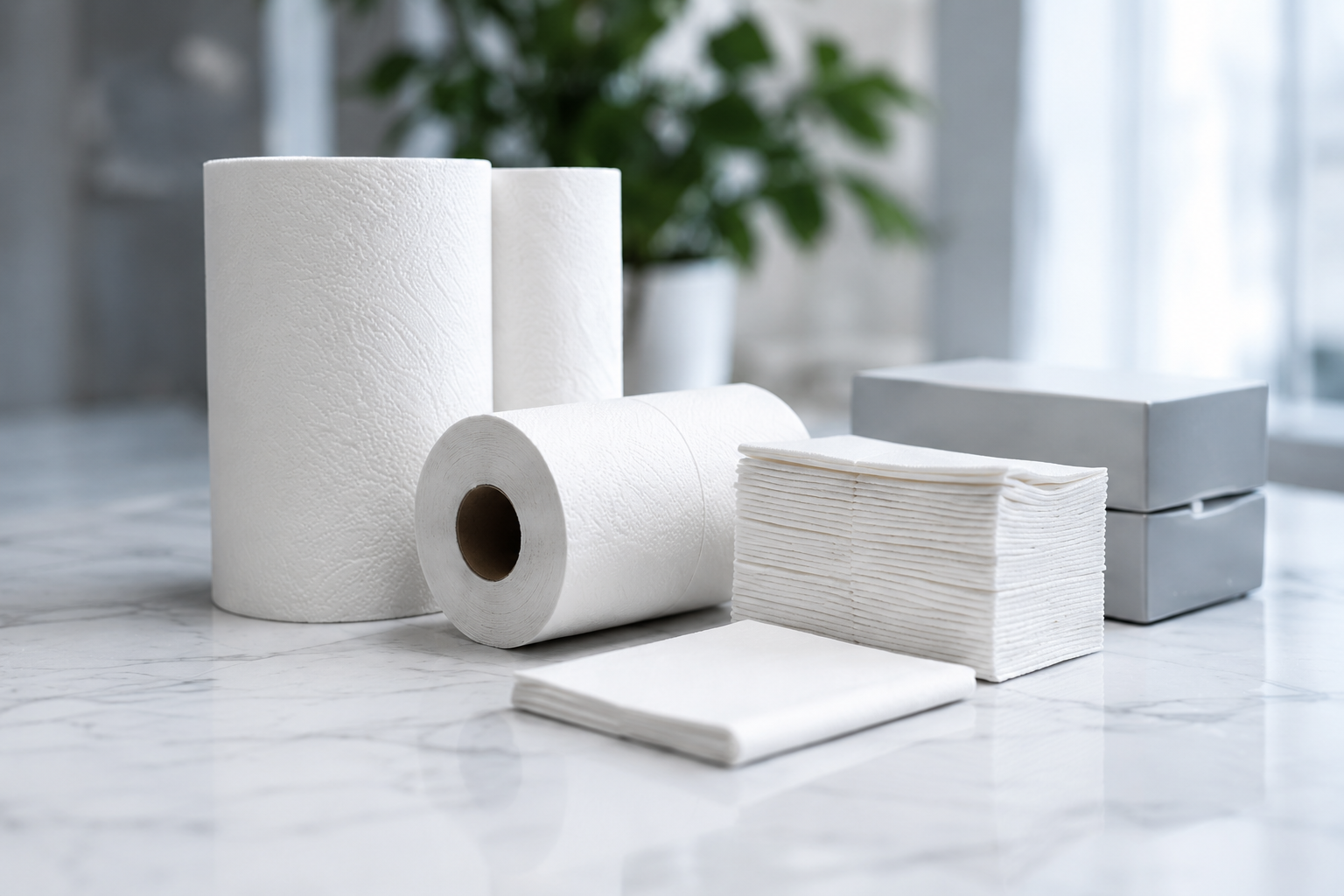 Asciugamani di carta, rotoli di fazzoletti, tovaglioli e un dispenser di sapone su un piano di marmo.