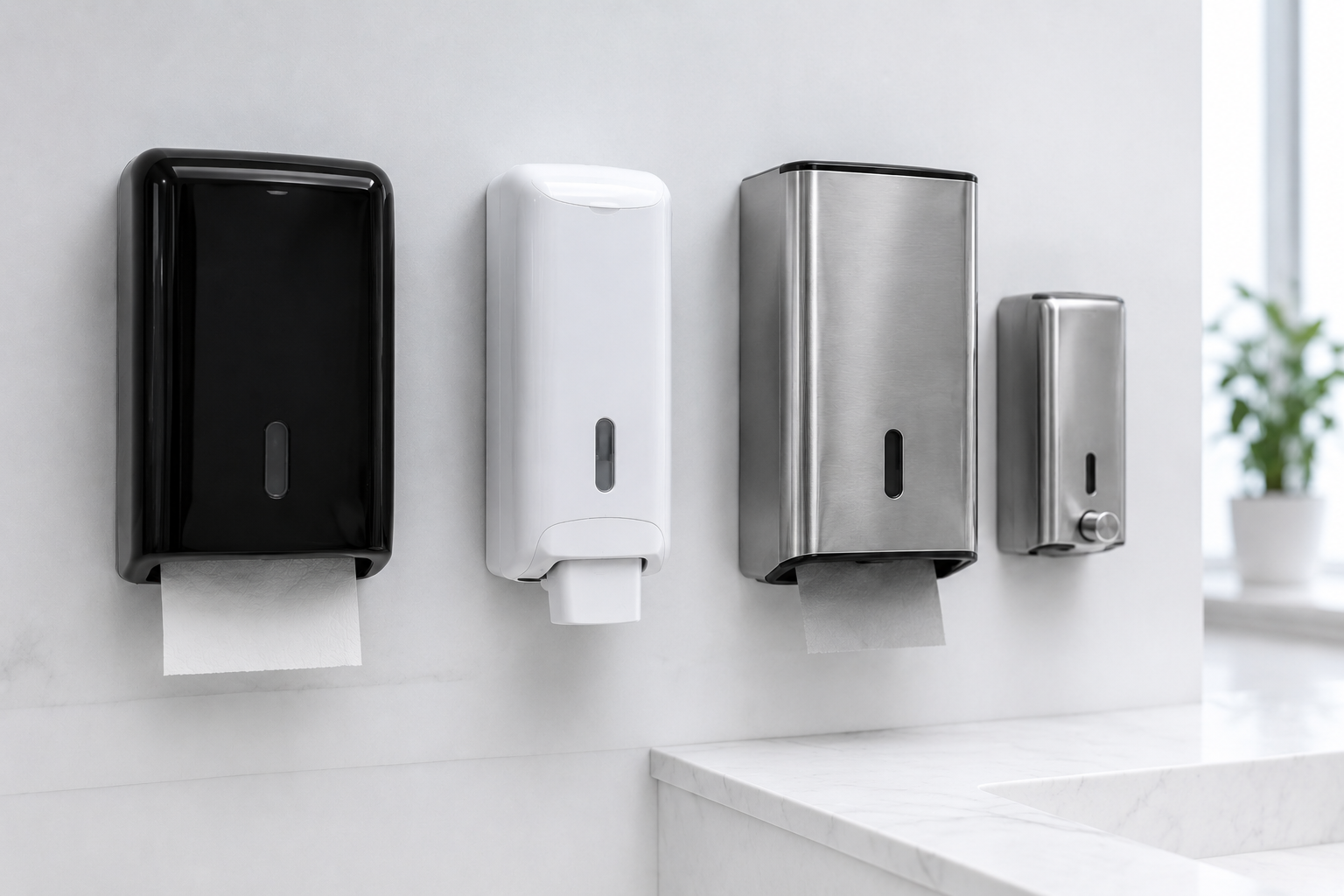 Quattro dispenser di sapone a parete, nei colori nero, bianco, acciaio inossidabile e argento, installati su una parete piastrellata del bagno.