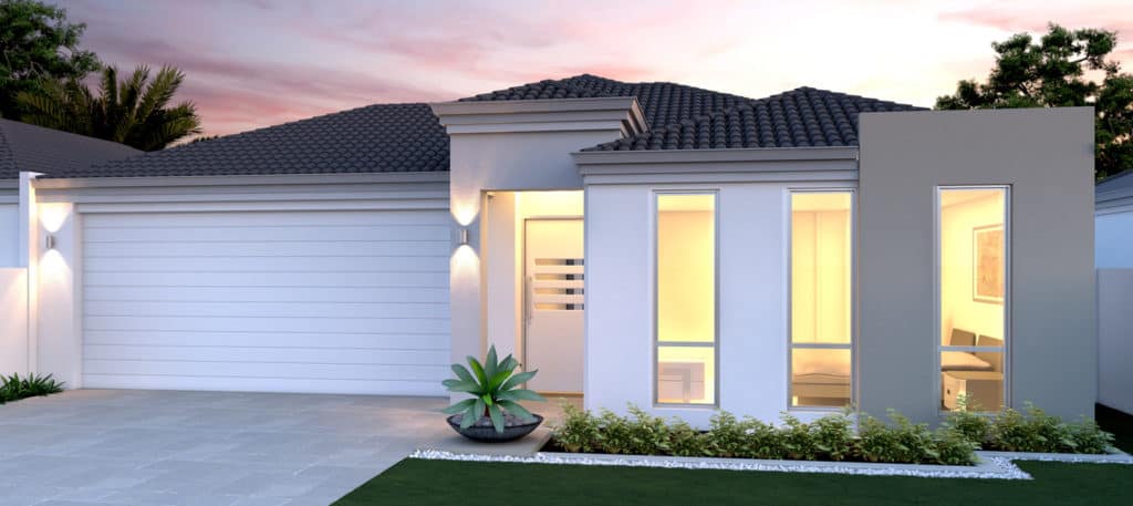 Modern single-story house with white garage, lit windows, and a landscaped front yard at dusk