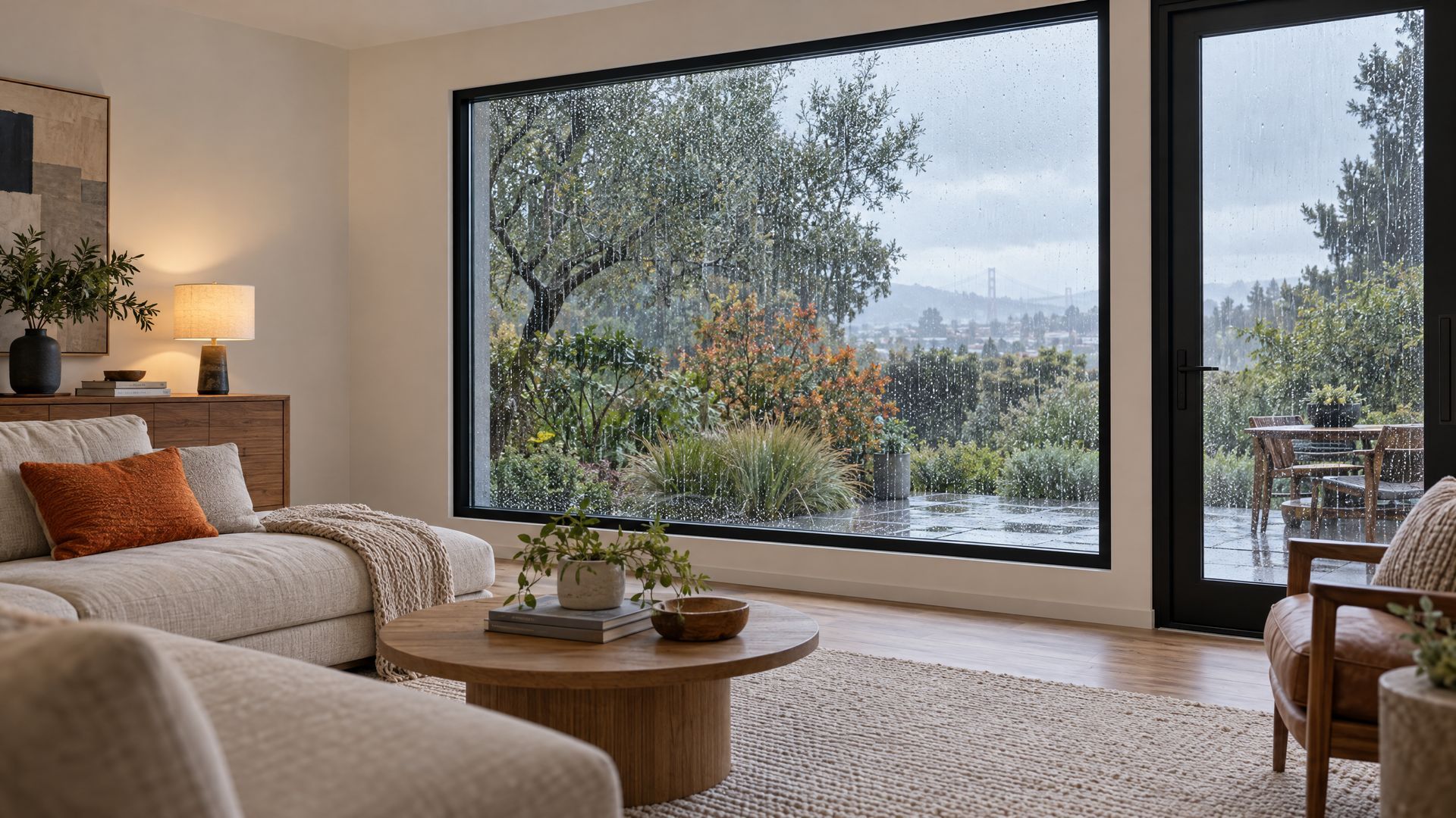 Warm California living room with rain falling outside a large picture window and patio door.