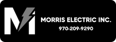 Morris Electric Inc. logo with white text and lightning bolt on a black background, phone 970-209-9290