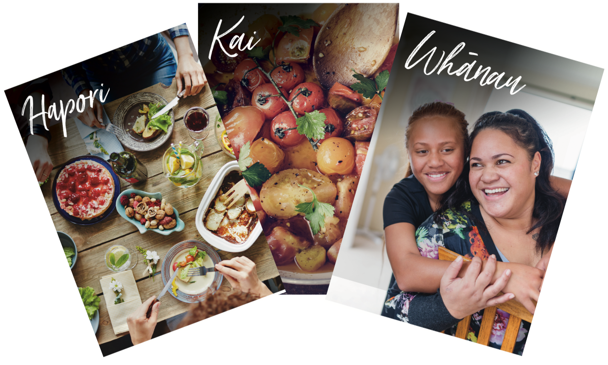 Three vibrant photos: a table with food labeled