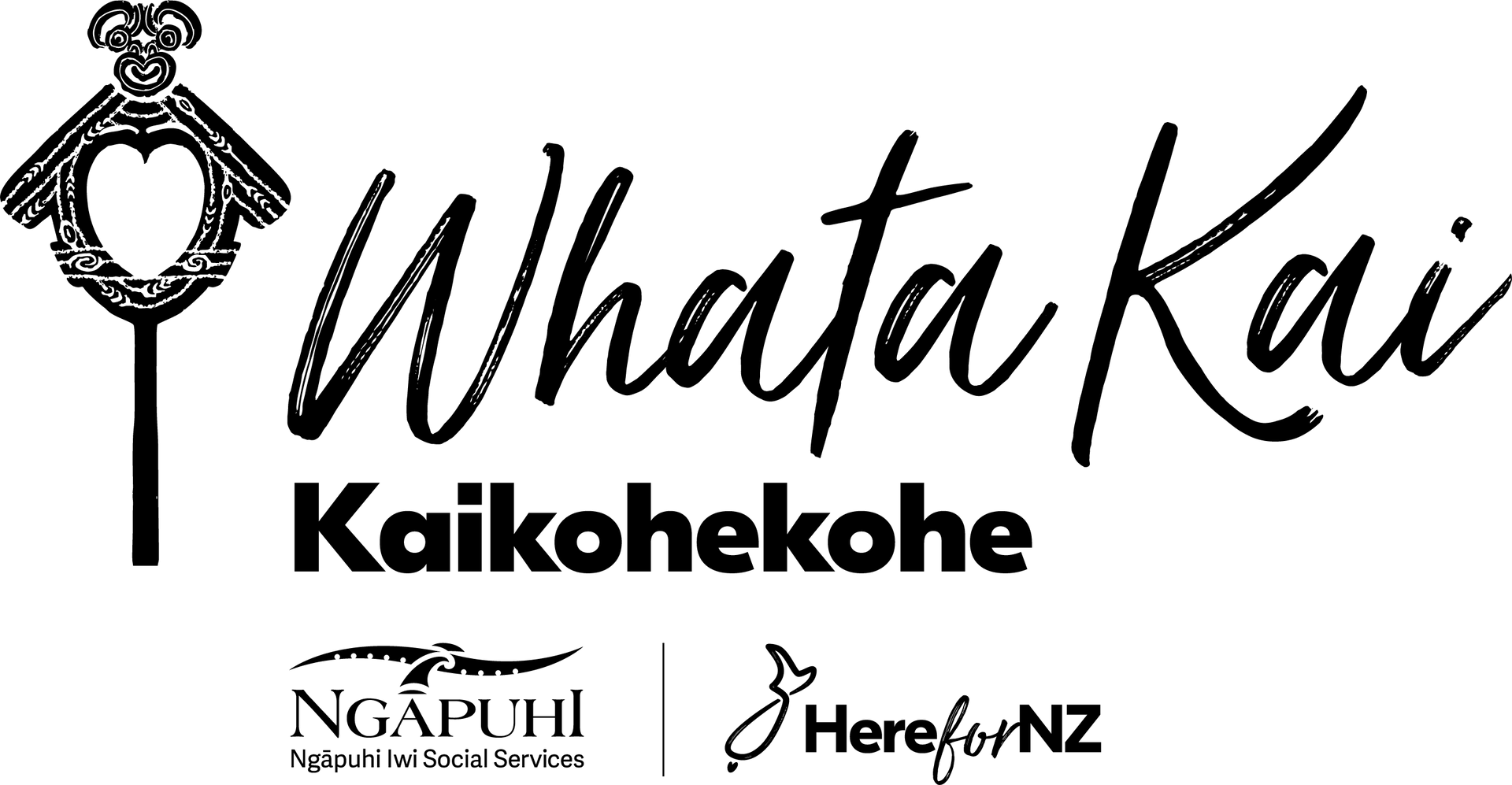 Logo for Whata Kai Kaikohe, featuring a Māori design element, text, and partner logos (Ngāpuhi, Here for NZ).