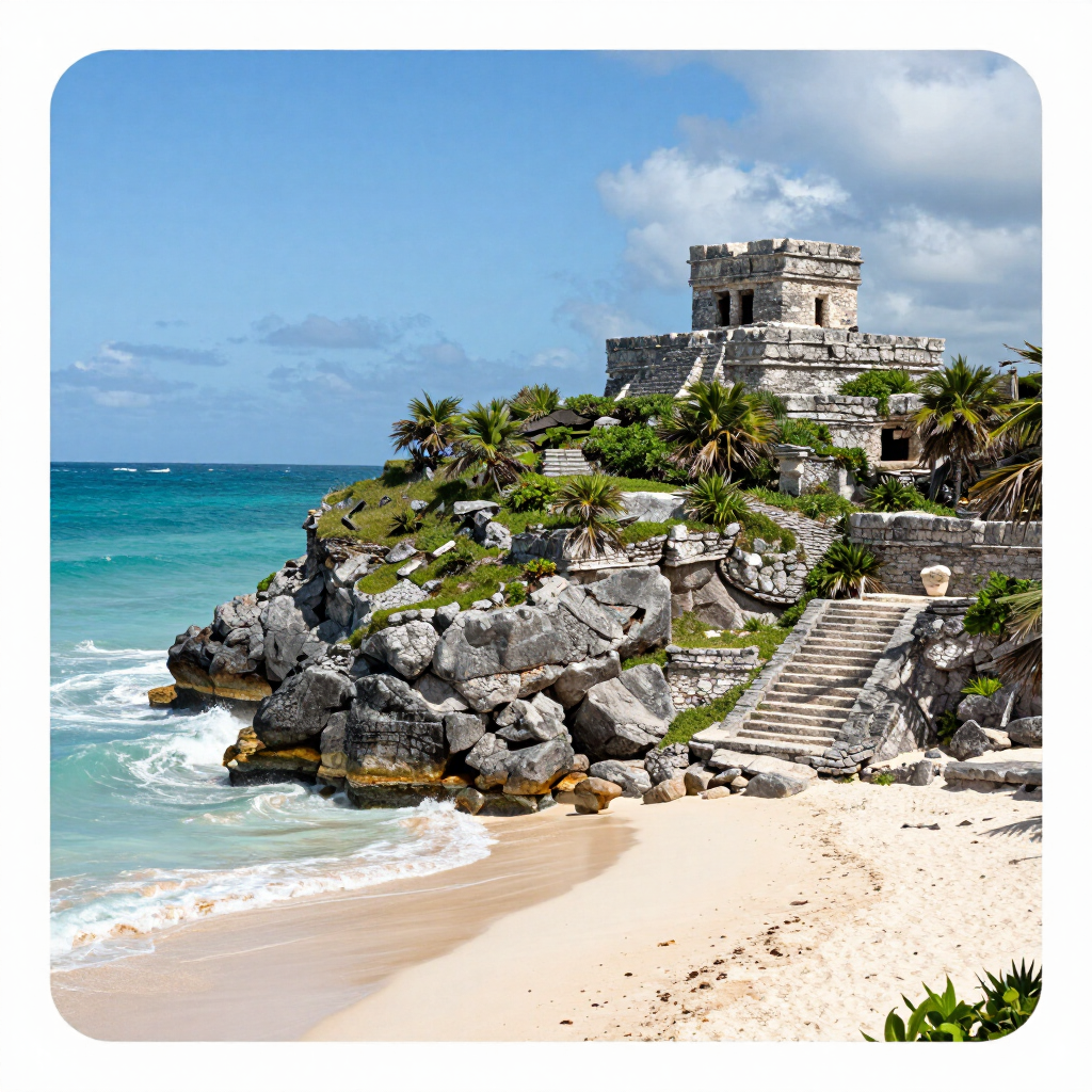 Ancient stone ruin on a rocky beach with turquoise water and sandy shore under a bright sky