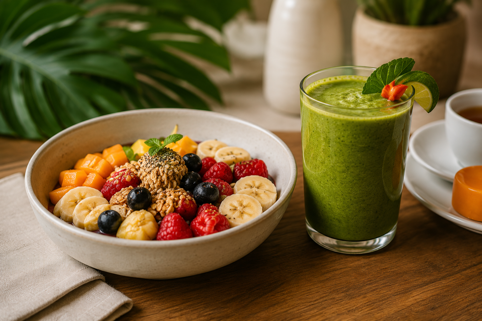 Bowl of fruit and granola beside a green smoothie on a wooden table