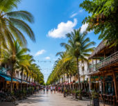 Palm-lined tropical street with shops and people under a bright blue sky