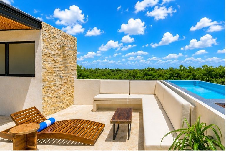 Poolside patio with beige lounge seating, wood chairs, and blue infinity pool under a sunny sky