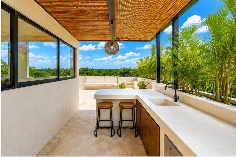 Modern outdoor bar with white countertops, two stools, bamboo ceiling, and tropical greenery beyond.