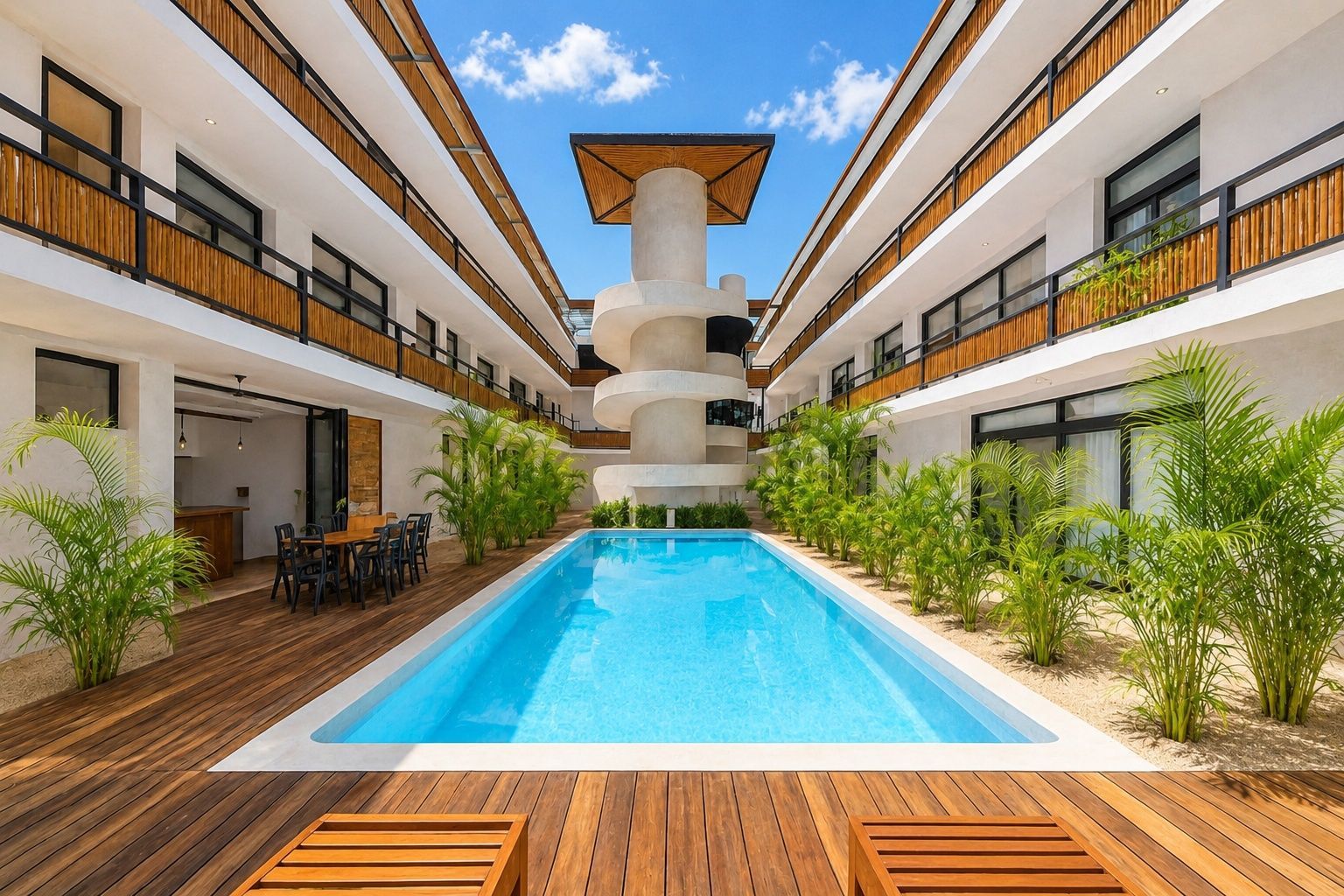Modern courtyard with a blue swimming pool, wooden deck, palm plants, and apartment balconies on both sides