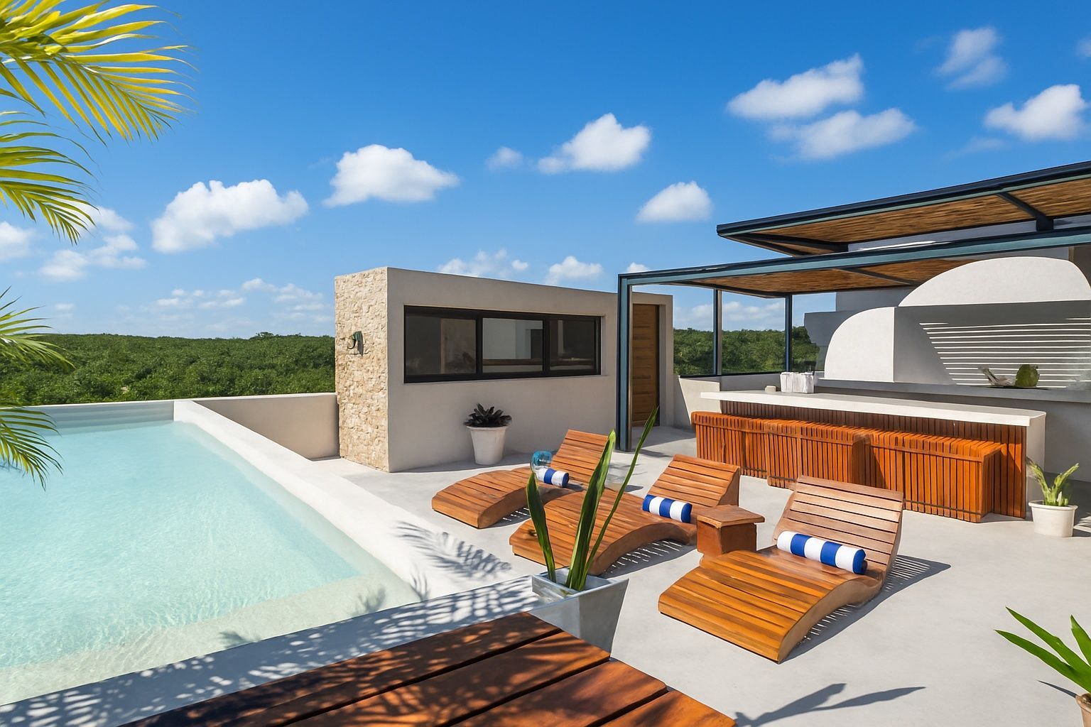 Privat pool on patio with sun loungers and covered bar area, showing private rooftop access from Penthouse unit.