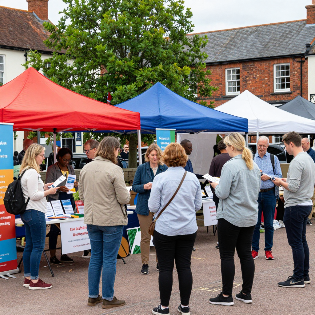People gather around information booths under colorful canopies in an outdoor town square setting.