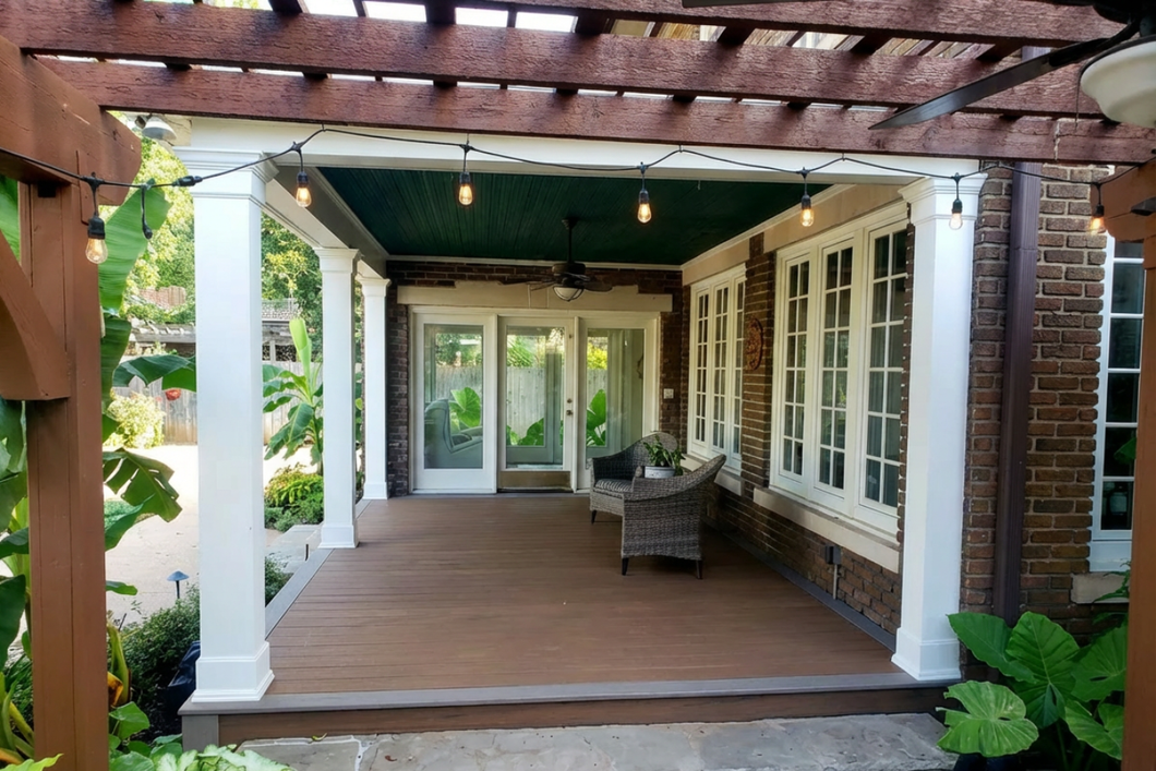 Covered wooden porch with wicker chair, white trim, and French doors leading into a home