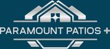 Paramount Patios logo in white on teal background, featuring a stylized roof and patio design