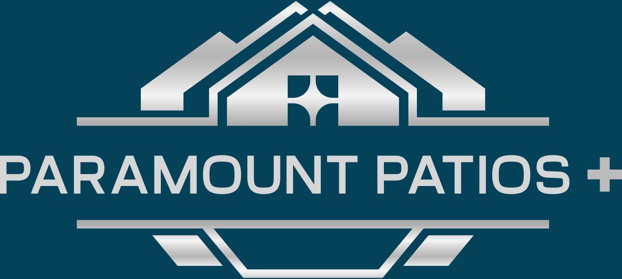 Paramount Patios logo in white on teal background, featuring a stylized roof and patio design