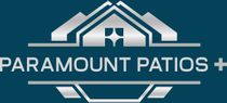 Paramount Patios logo in white on teal background, featuring a stylized roof and patio design