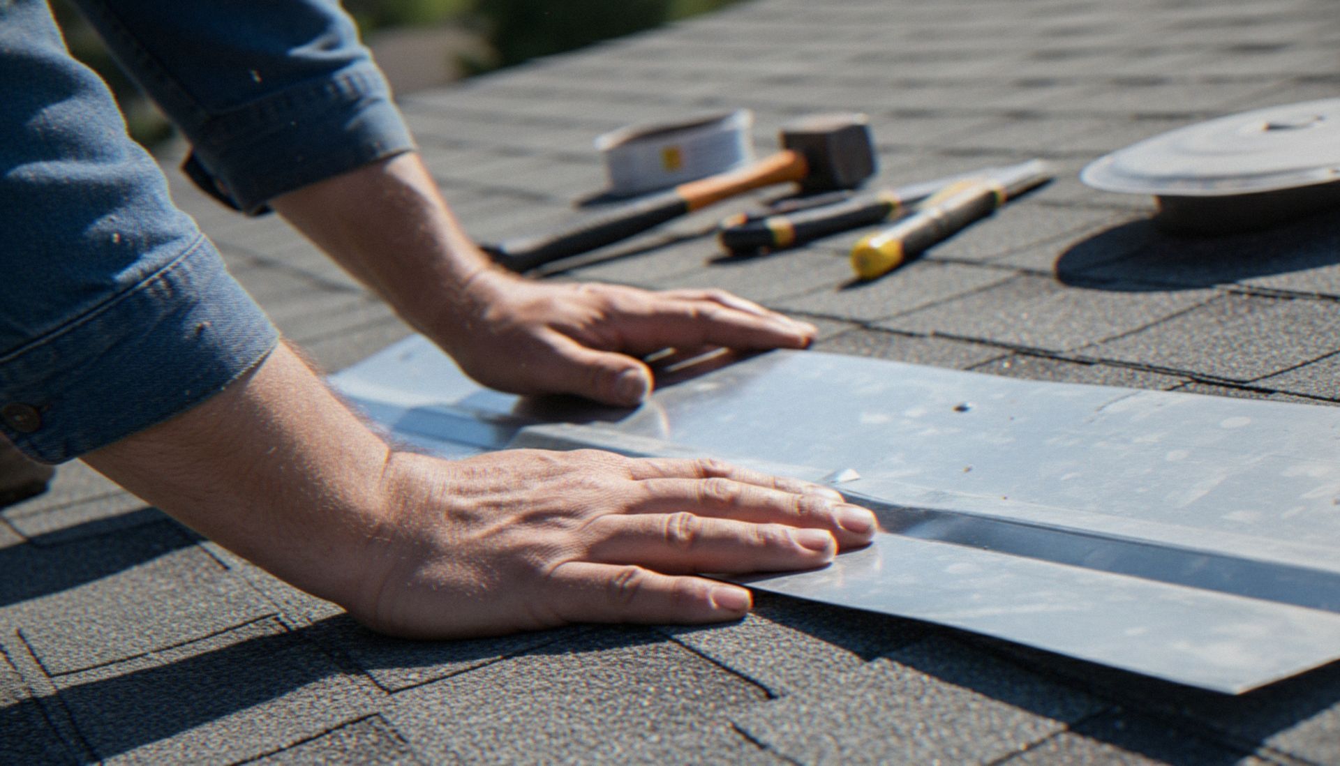 Hands aligning blue roofing panels on a shingled roof with tools nearby Hands aligning blue roofing panels on a shingled roof with tools nearby