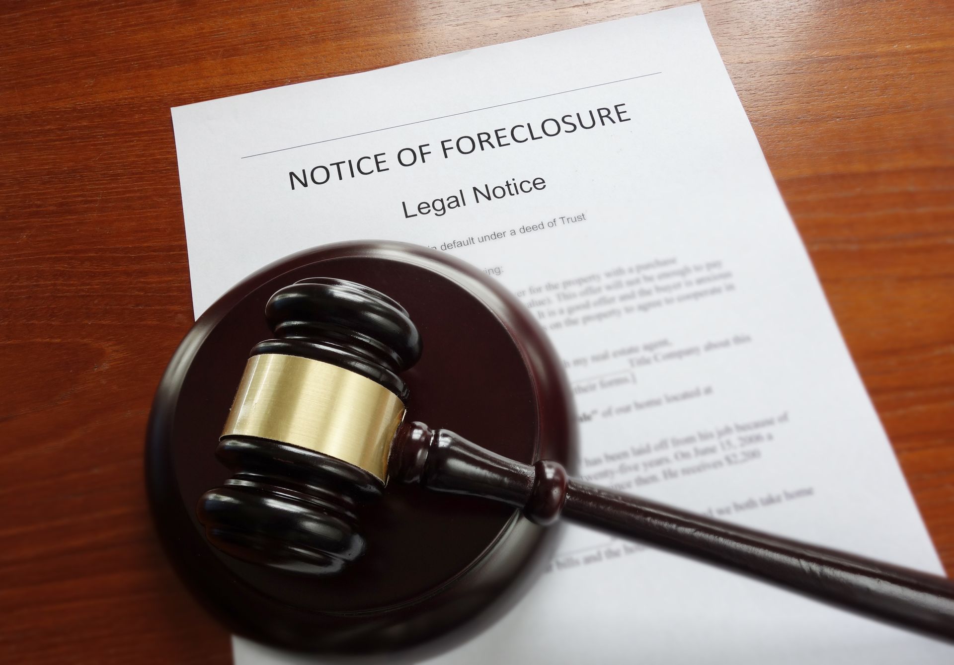 A judge 's gavel sits in front of a notice of forclosure.