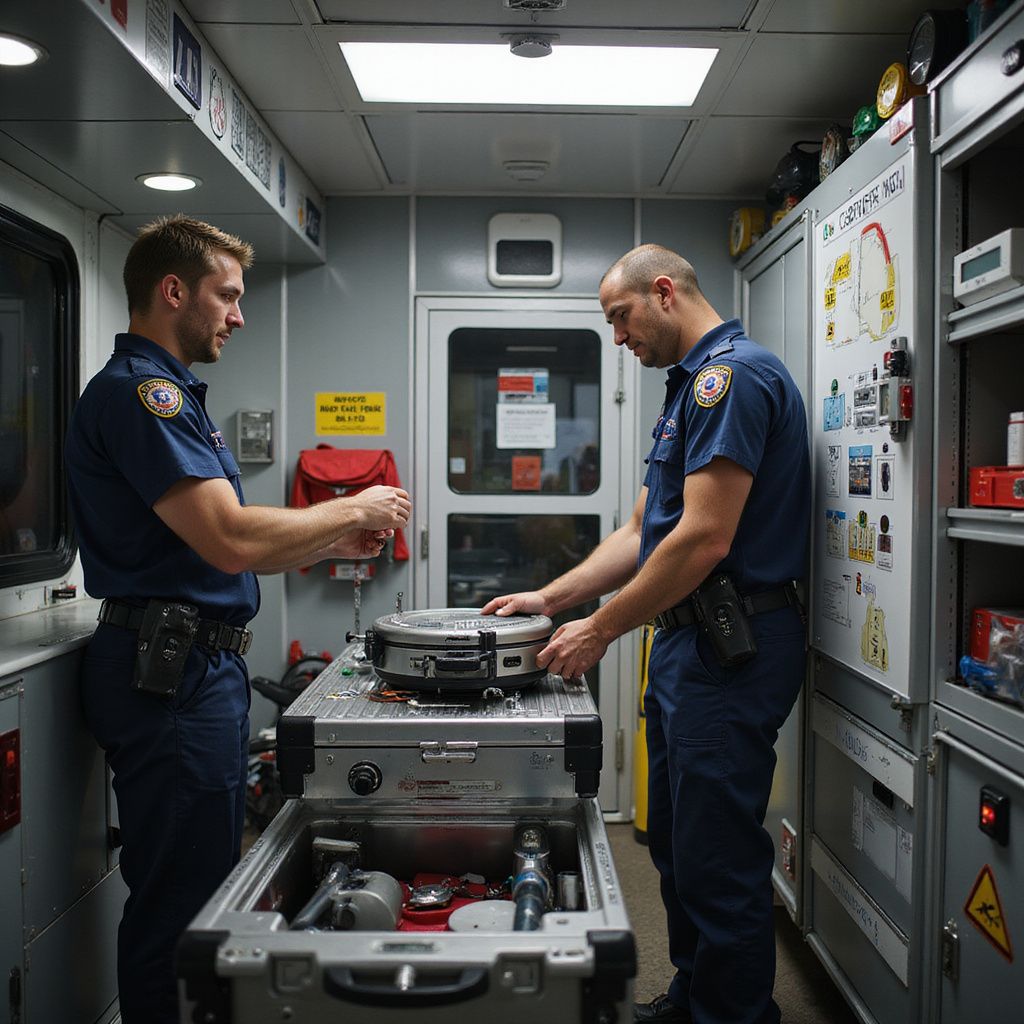 Two emergency responders in a vehicle, inspecting medical equipment.
