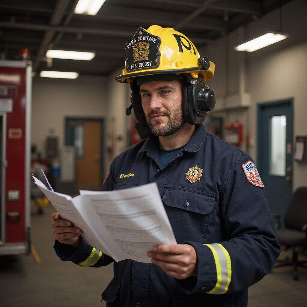 Firefighter in yellow helmet, blue uniform, holding paperwork, inside fire station.