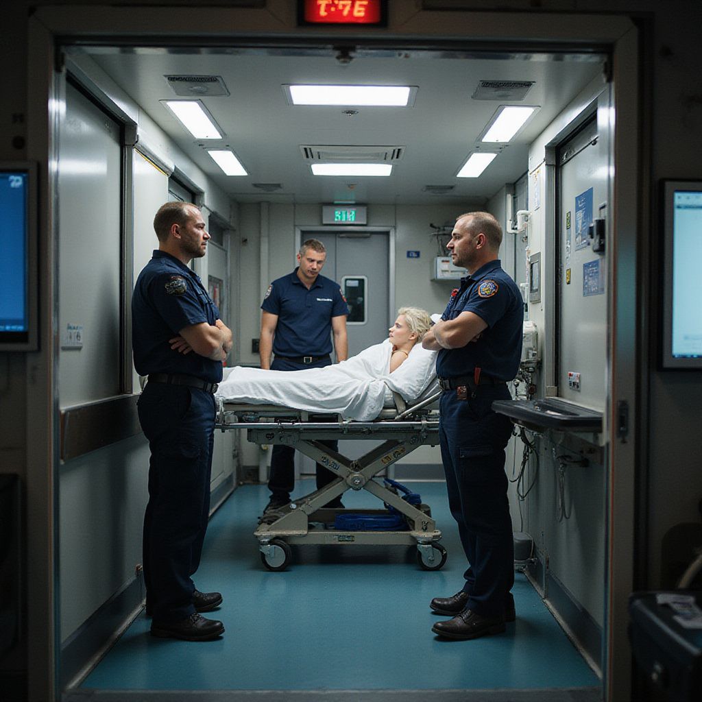 Emergency personnel in a medical transport vehicle attend to a person on a stretcher.