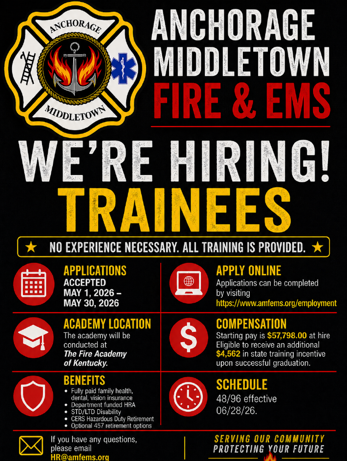 Anchorage Middletown Fire & EMS hiring poster with black background, gold trim, and application details.