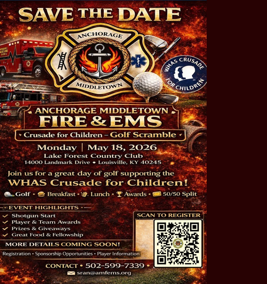 Poster for a golf scramble fundraiser by Anchorage/Middletown Fire & EMS for Crusade for Children, May 18, 2026.