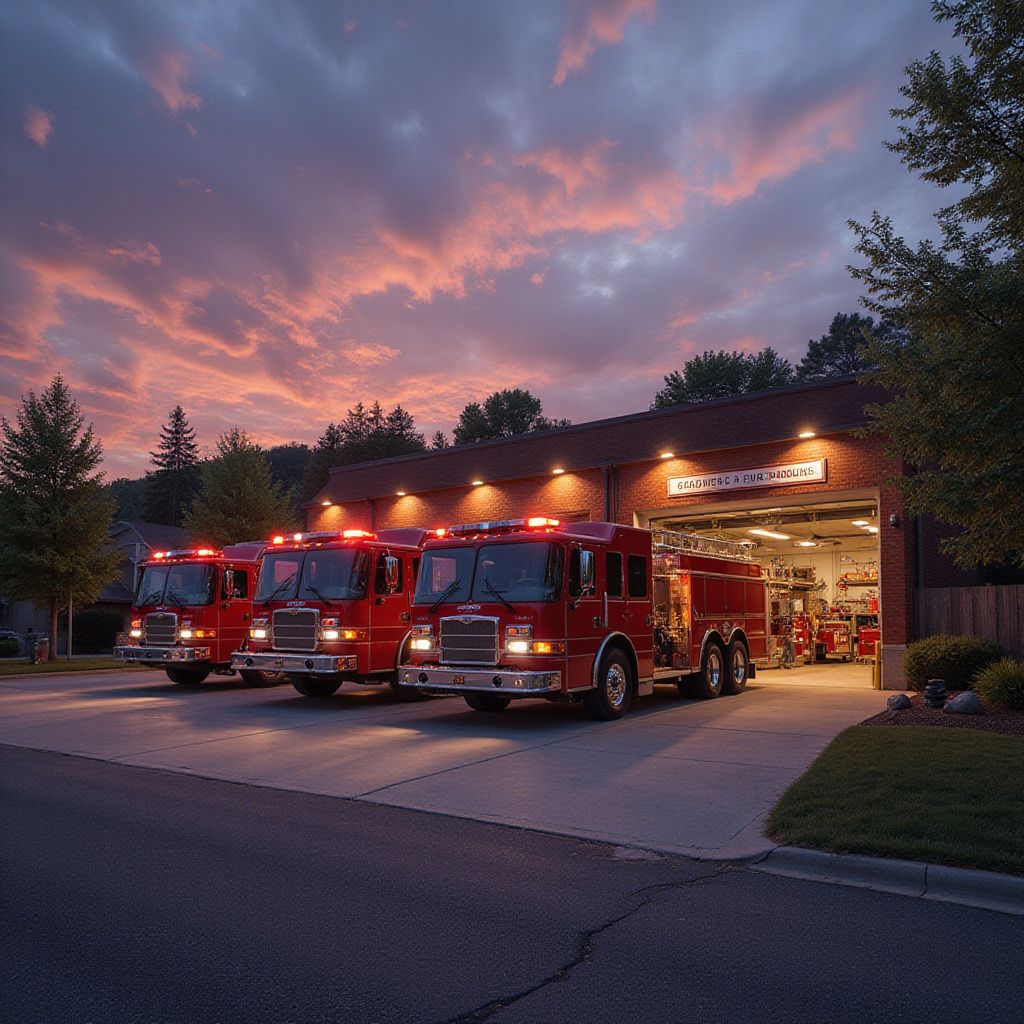 Fire trucks parked in front of a fire station at dusk, under a colorful sunset.
