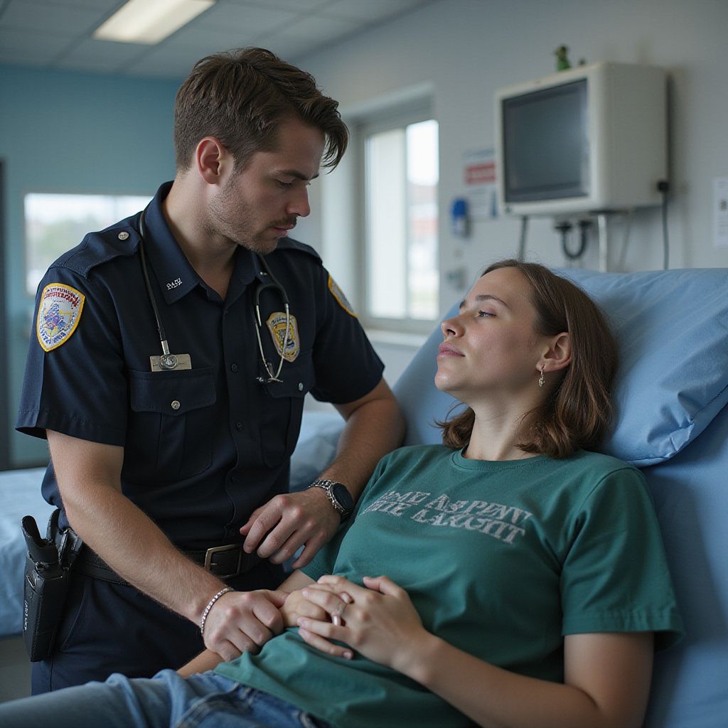 Paramedic tending to a person in a hospital bed; paramedic wearing a uniform, woman wearing a green shirt.
