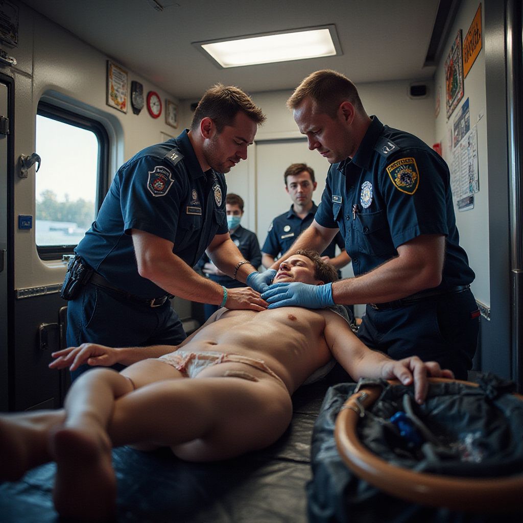 Two EMTs tending to a person lying on a stretcher in an ambulance; another EMT and person wearing a mask observe.