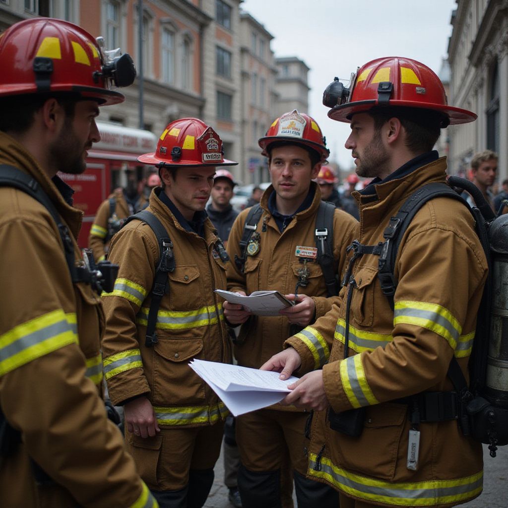 Firefighters in brown uniforms and helmets consult documents on a city street.