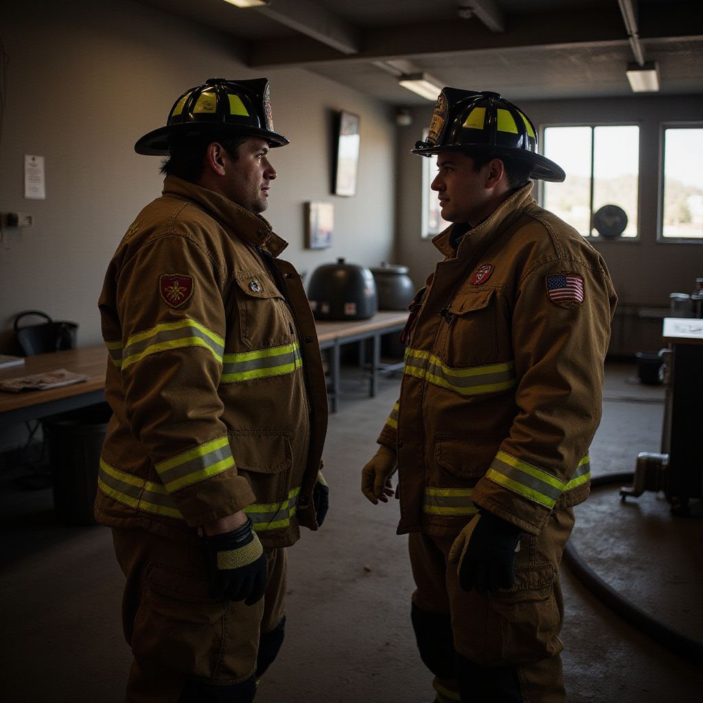 Two firefighters in uniform, face-to-face, in a room with equipment, discussing something.