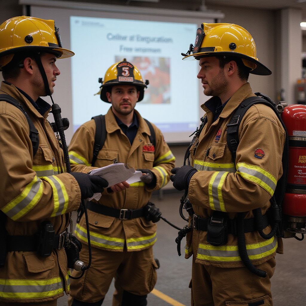 Three firefighters in helmets and gear discussing in a room; a presentation screen is in the background.