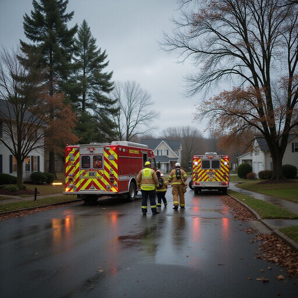 Firefighters and emergency vehicles on a wet street in a residential neighborhood.