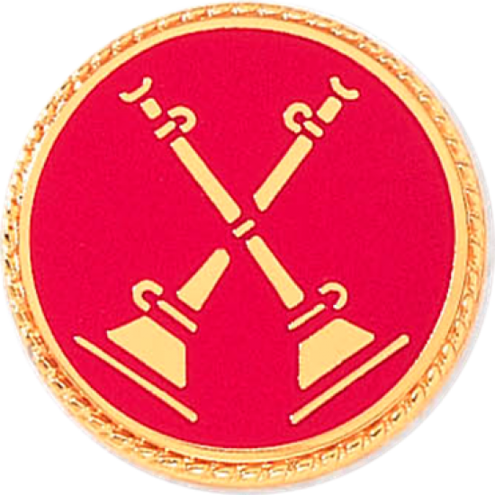 Red and gold emblem with crossed cannons on a red background, encircled with a gold rope-like border.