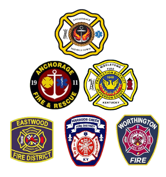 Logos of six fire departments: Anchorage, Middletown, Eastwood, Harrods Creek, and Worthington.