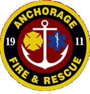Anchorage Fire & Rescue emblem: Anchor, fire cross, medical symbol, and text on a red and black circle.