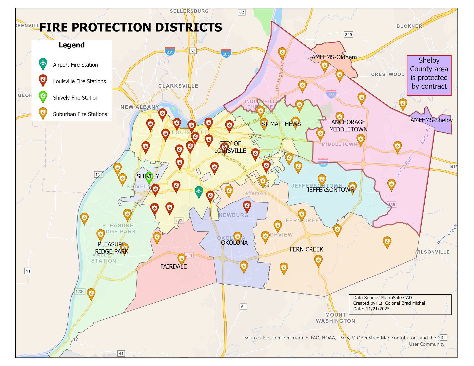 Map of fire protection districts with colored zone boundaries and location markers.