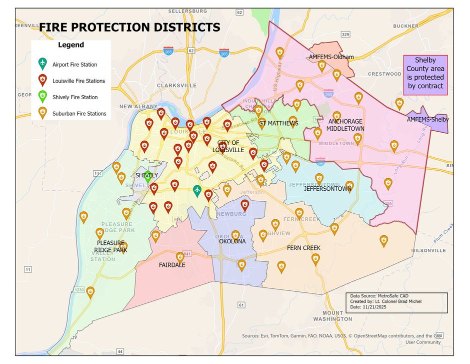 Map of fire protection districts with colored zone boundaries and location markers.